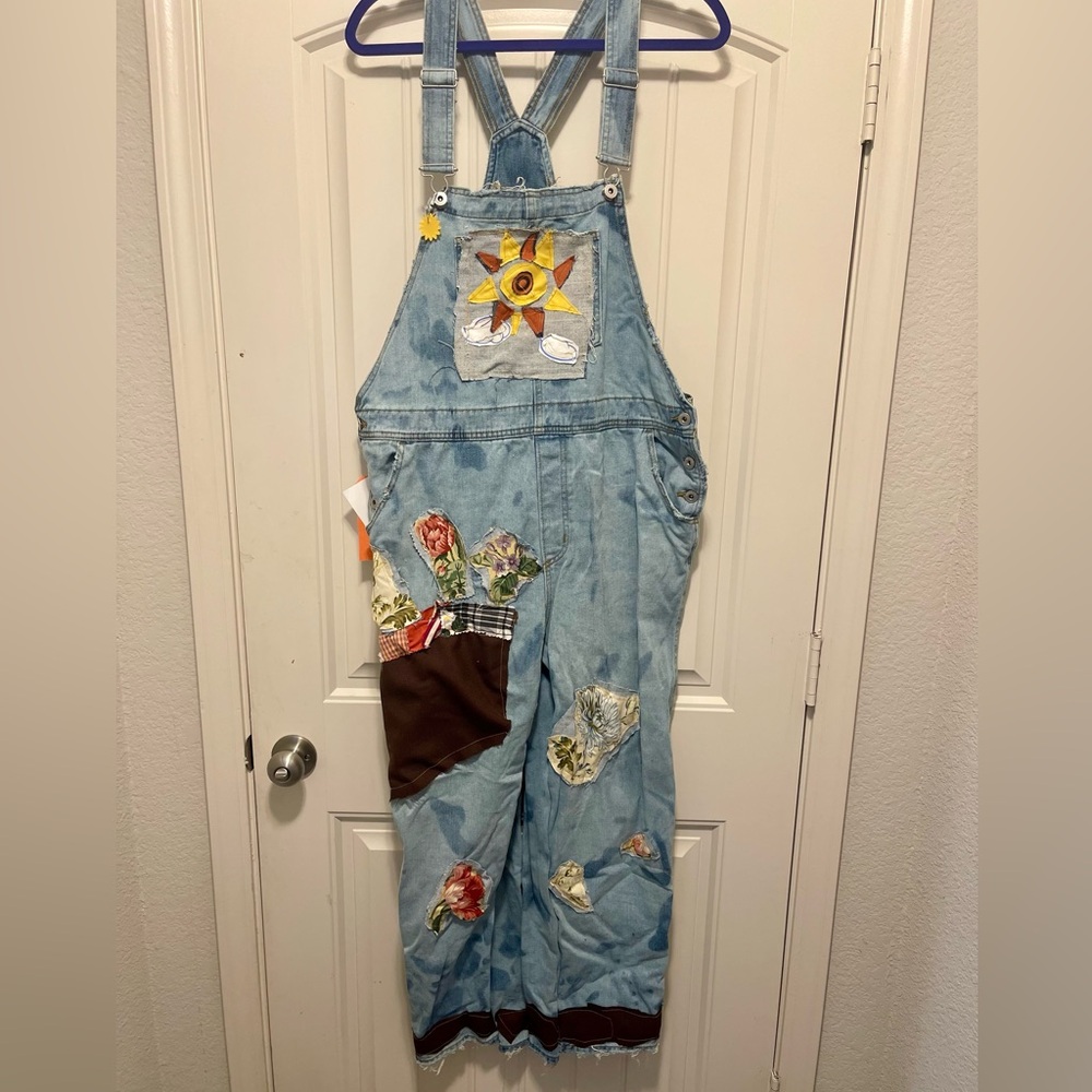 Embroidered Denim Overalls with Sun and Floral Patches